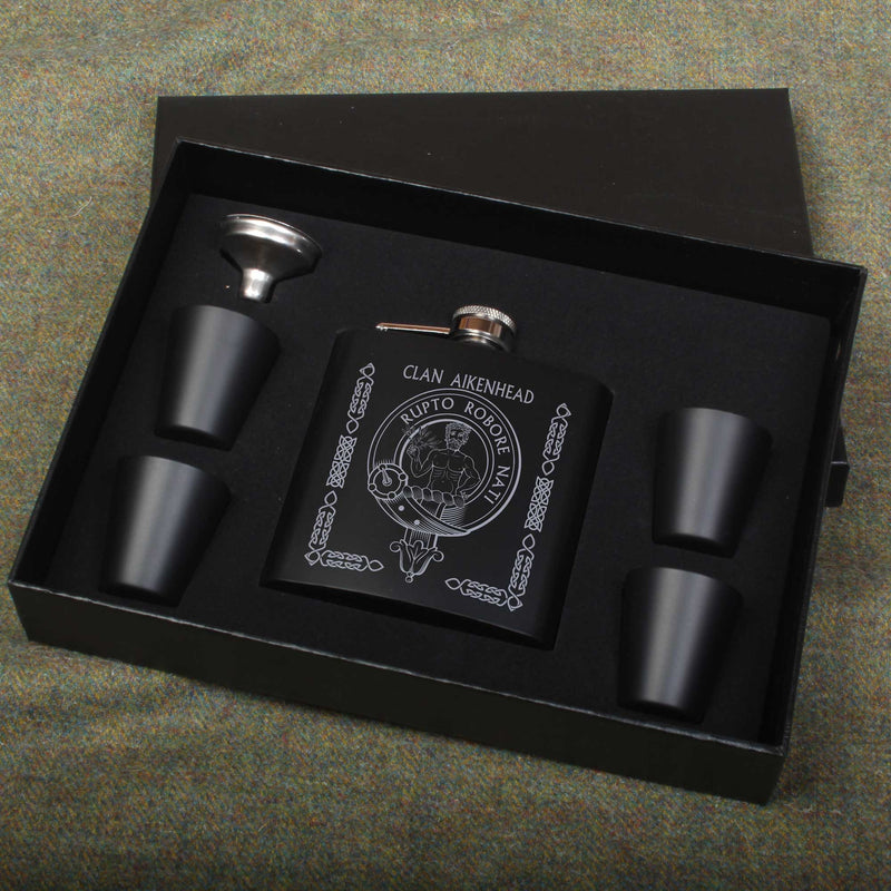 Aikenhead Clan Crest engraved 6oz Matt Black Hip Flask Gift Set with Cups and Funnel