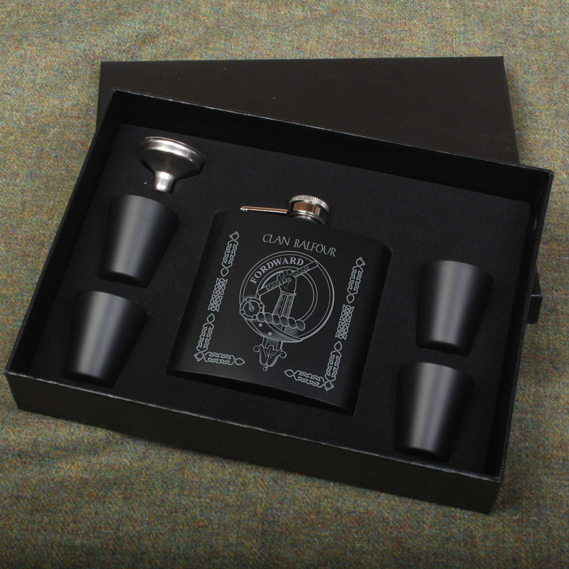 Balfour Clan Crest engraved 6oz Matt Black Hip Flask Gift Set with Cups and Funnel