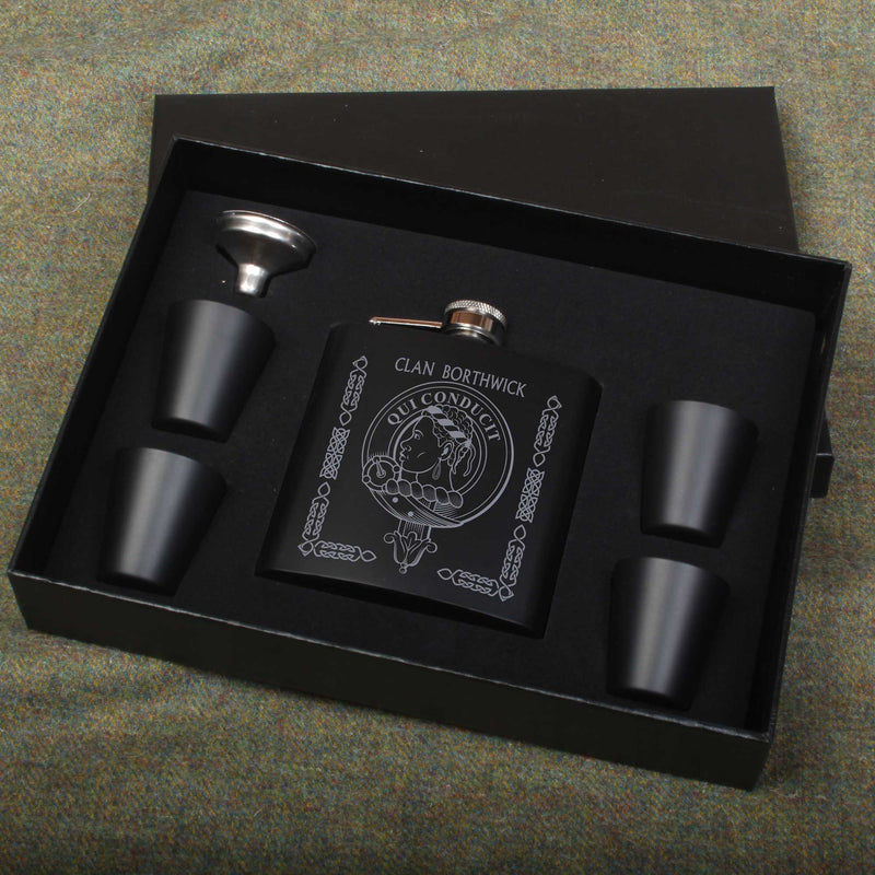 Borthwick Clan Crest engraved 6oz Matt Black Hip Flask Gift Set with Cups and Funnel