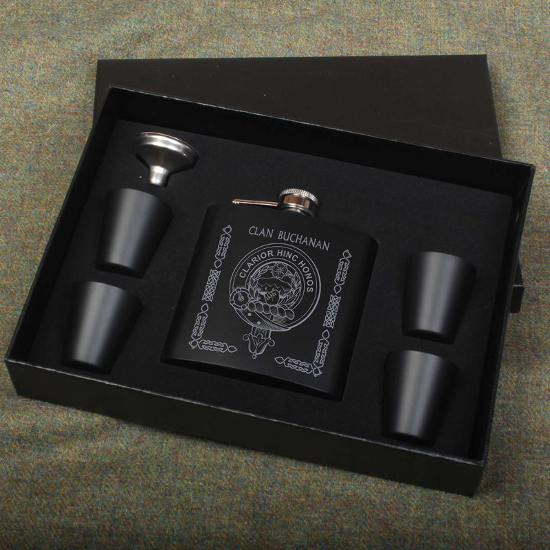 Buchanan Clan Crest engraved 6oz Matt Black Hip Flask Gift Set with Cups and Funnel