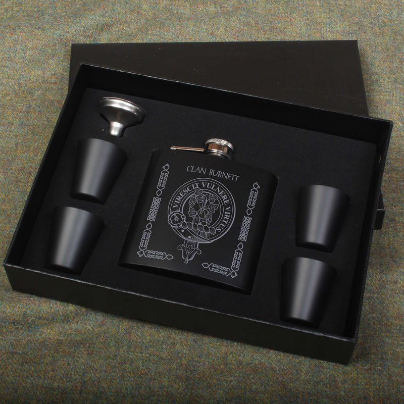 Burnett Clan Crest engraved 6oz Matt Black Hip Flask Gift Set with Cups and Funnel