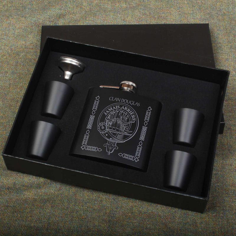 Douglas Clan Crest engraved 6oz Matt Black Hip Flask Gift Set with Cups and Funnel