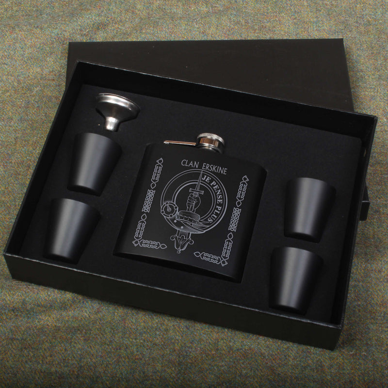 Erskine Clan Crest engraved 6oz Matt Black Hip Flask Gift Set with Cups and Funnel