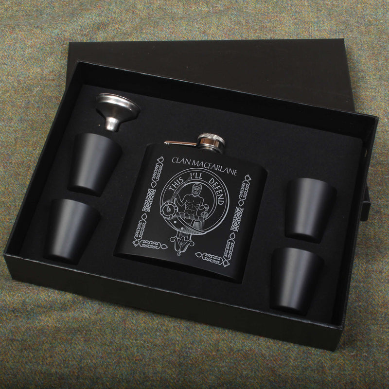 MacFarlane Clan Crest engraved 6oz Matt Black Hip Flask Gift Set with Cups and Funnel